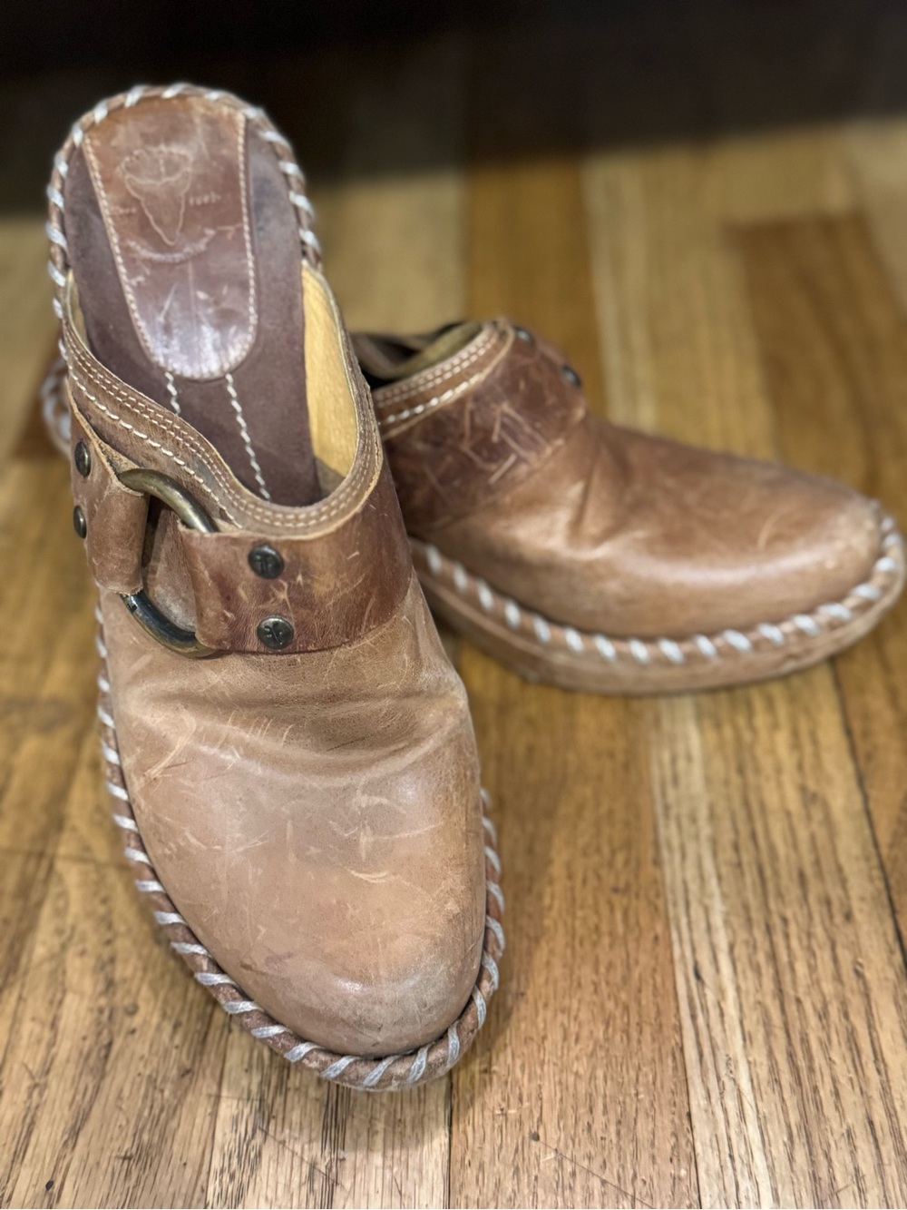 Size 7.5 Vintage Frye Brown Leather Buckled Clogs - Picture 3 of 7